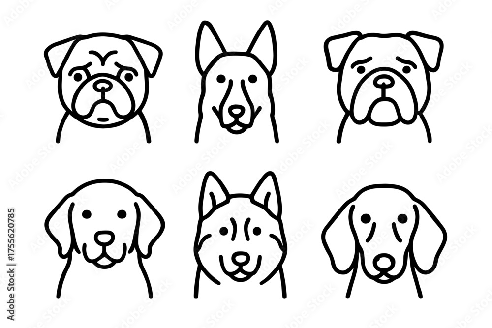 Obraz premium Set of six dog breed line icons: bulldog, german shepherd, labrador
