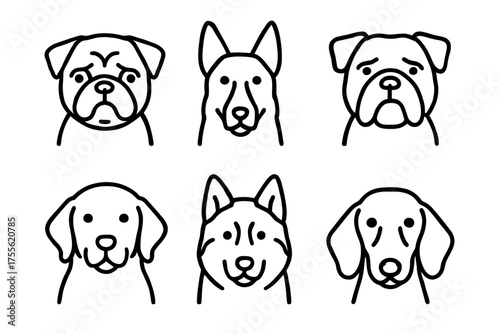 Set of six dog breed line icons: bulldog, german shepherd, labrador