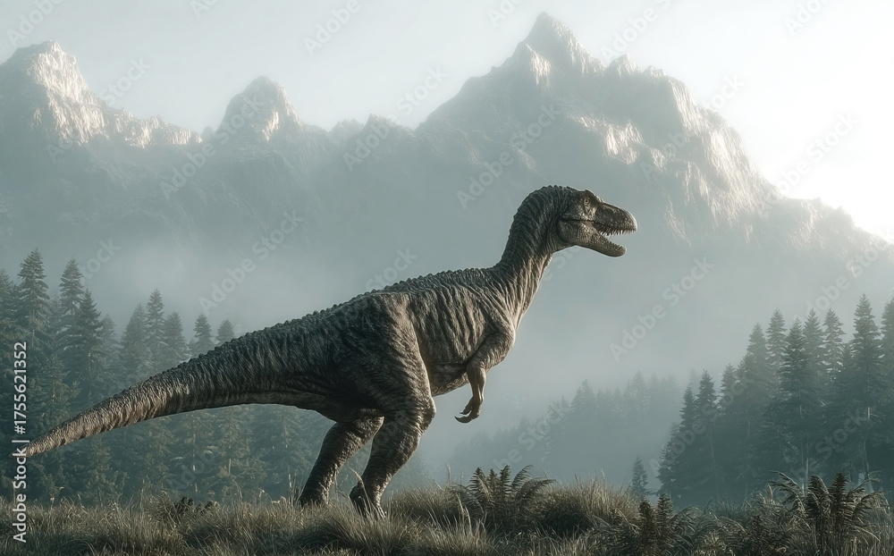 Fototapeta premium Afrovenator roams a prehistoric landscape filled with forests and mountains