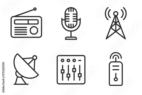 Broadcasting essentials: radio, microphone, antenna, satellite, mixer, remote control icons