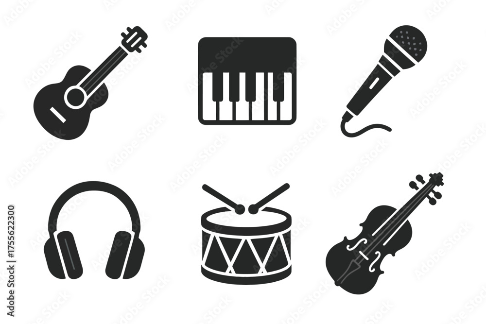 Fototapeta premium Musical instrument icons: guitar, piano, microphone, headphones, drum, violin