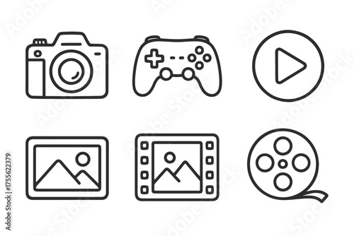 Set of minimalist multimedia icons: camera, game controller, play button, pictures, film reel