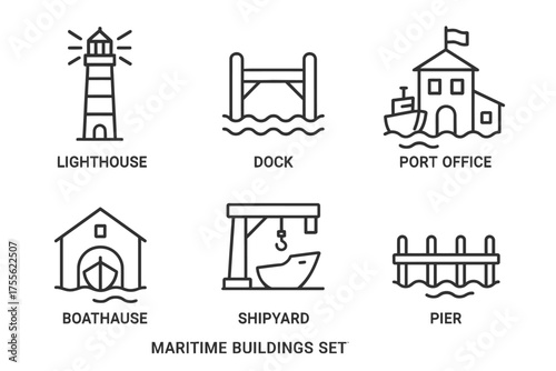 Outline icons of maritime buildings: lighthouse, dock, port office, boathouse, shipyard, pier