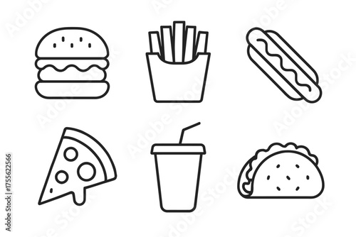 Outline icons of fast food: burger, fries, hot dog, pizza, drink, taco