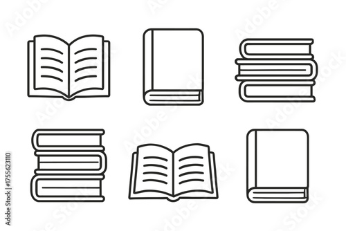 Set of simple book icons: opened and closed book designs in outline style