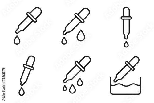 Set of dropper icons in various positions with liquid drops