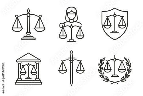 Justice symbols: scales of balance, legal authority, and protection icons