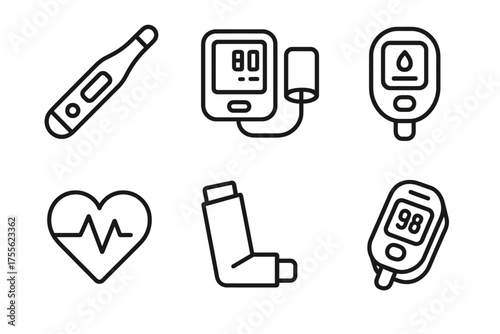 Medical devices icons set: thermometer, blood pressure, glucose meter, heart, inhaler, oximeter