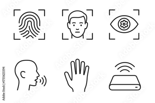 Biometric security icons: fingerprint, facial recognition, eye scan, voice control, hand sensor, rfid
