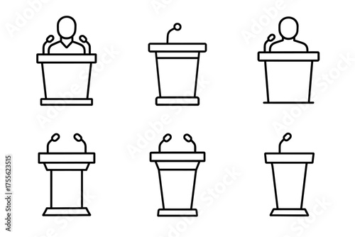 Outline illustrations of lectern and podium with microphones in various styles