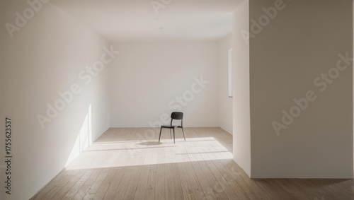 Empty room with a single chair, bathed in sunlight