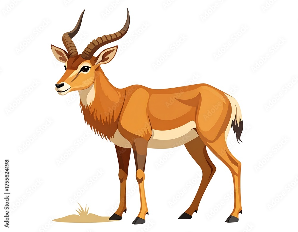 Obraz premium Vector illustration of an antelope with curved horns, standing on grass, isolated on white