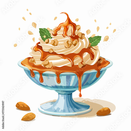 Dessert Delight: A tantalizing dessert artfully presented in a glass bowl, drizzled with caramel sauce and topped with whipped cream, nuts, and mint, a delicious treat.