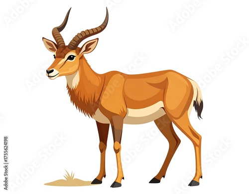 Vector illustration of an antelope with curved horns, standing on grass, isolated on white