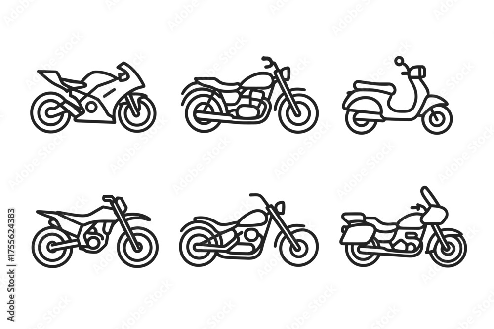Obraz premium Set of six motorcycle icons featuring various styles and designs