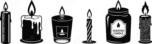 Candle vector set, lit wax designs, black silhouette icons, birthday, scented, ornate holders, spooky decor, home ambiance, stock illustration