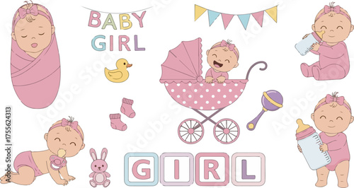 Newborn baby girl clip art set for shower, announcement, and nursery design on white background