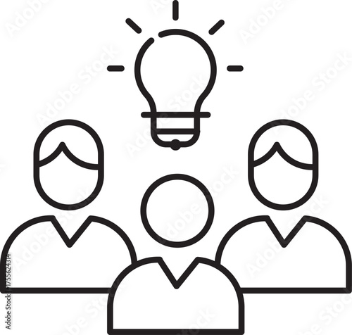 Three people with light bulb above them representing teamwork, brainstorming, and creative idea generation in business or office environment