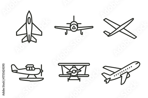 Set of six outline airplane icons in various styles and designs