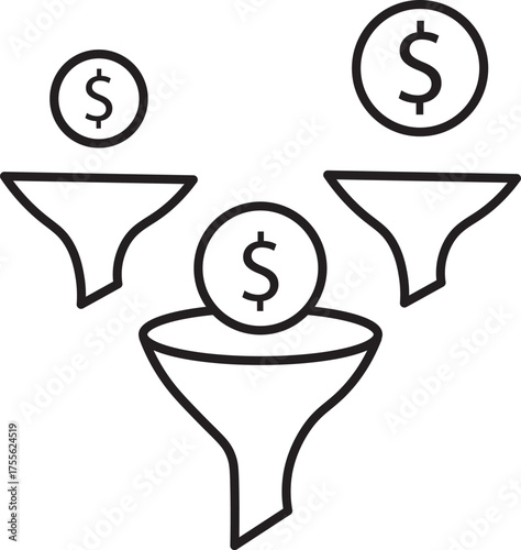 Money finance investment savings and funnel are illustrated in this black and white line drawing symbolizing financial management income flow and economic strategy