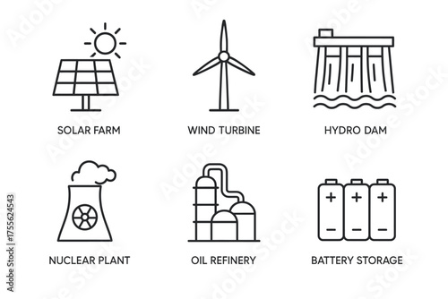 Renewable and nonrenewable energy icons: solar, wind, hydro, nuclear, oil, battery