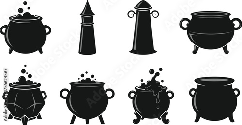 Cauldron and chimney silhouette set, bubbling pot icons, Halloween theme, witchcraft symbols, fantasy design, black vector illustration, spooky elements