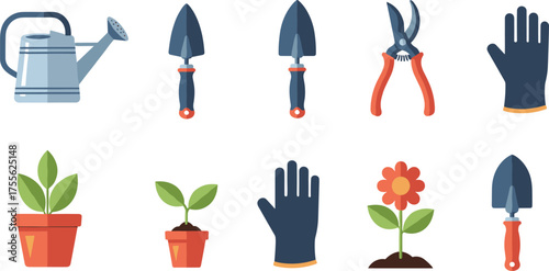 Gardening icon set, tools and plants, watering can, trowel, gloves, potted flowers, pruning shears, soil care, vector illustration, horticulture design