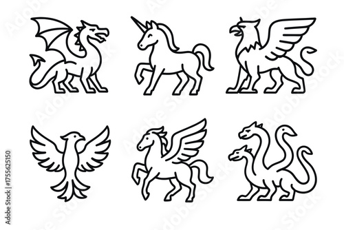 Mythical creatures: dragon, unicorn, griffin, phoenix, pegasus, hydra line art designs