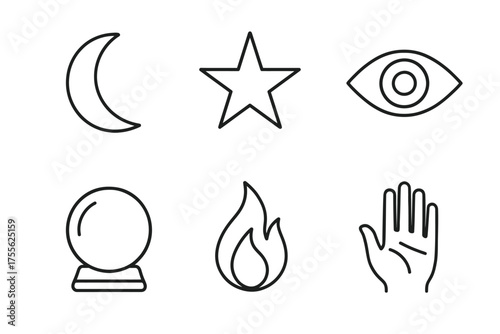 Mystical symbols: moon, star, eye, crystal ball, fire, hand - black outline icons