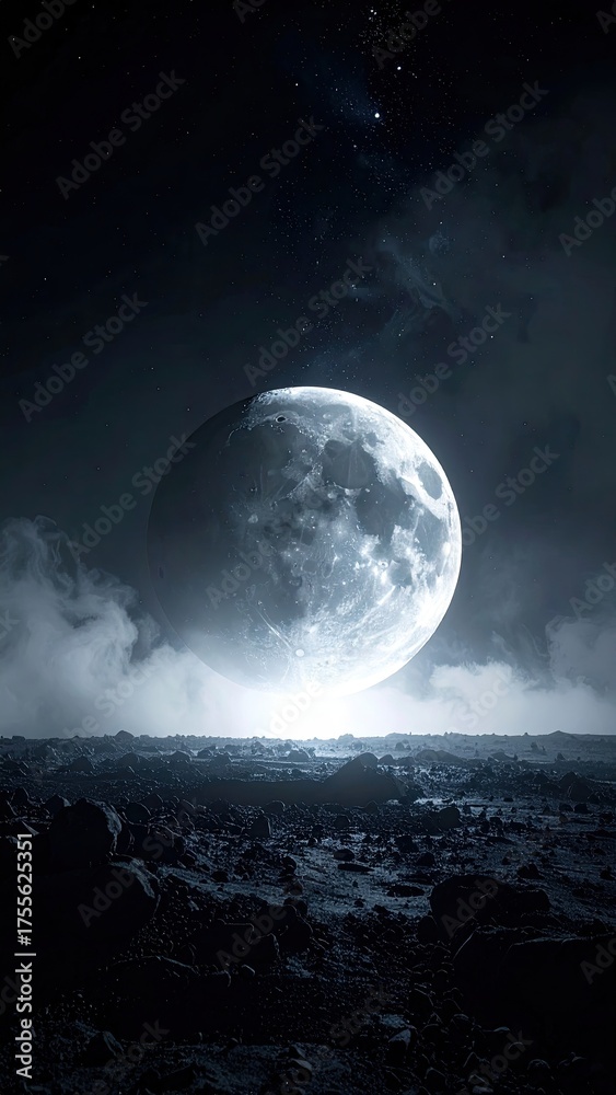 Fototapeta premium Lunar glow over a rocky landscape, mysterious and dark