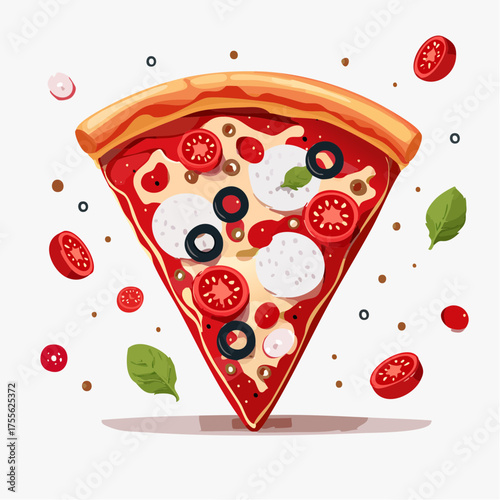 Delicious pizza slice with fresh ingredients vector illustration on white