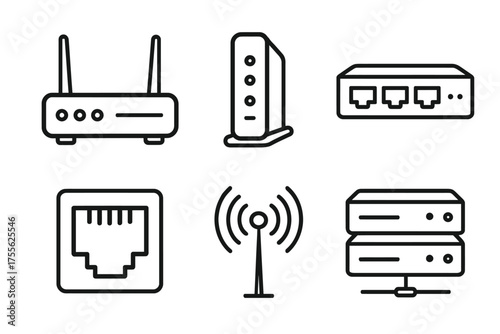 Minimalist icons of network equipment - router, modem, switch, ethernet, wireless