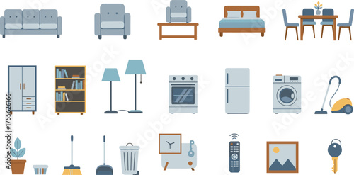 Household item icon set, furniture and appliances, sofa, bed, kitchen tools, cleaning supplies, home decor, vector illustration, minimal design