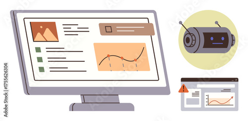 Monitor displaying graphs, text, and tasks. Robot with AI face, error alert pop-up introduces concepts of automation, analysis, productivity, and problem-solving. Ideal for technology finance