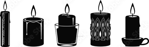 Lit candles collection, festive candle designs, wax decor elements, vintage holders, cozy ambiance, spiritual light, holiday vector illustration, glowing flame icons