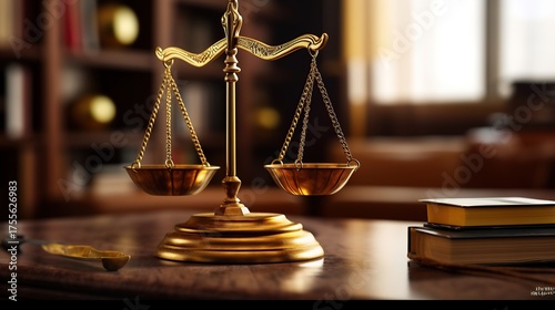 Symbolizing Justice: A golden scale balancing over books on a wooden table
