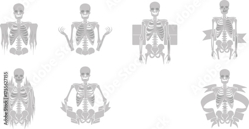Skeleton vector set, black silhouette icons, spooky ribbon graphics, Halloween theme, eerie poses, horror design, festive stock illustration