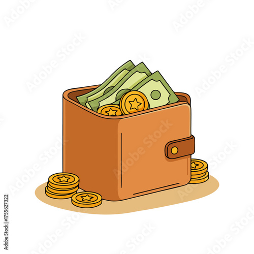 flat vector illustration of a leather wallet filled with cash and gold coins