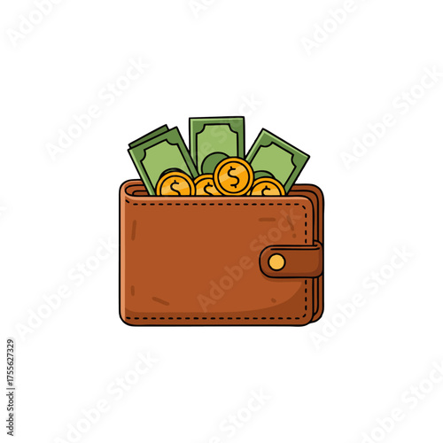 flat vector illustration of a leather wallet filled with cash and gold coins