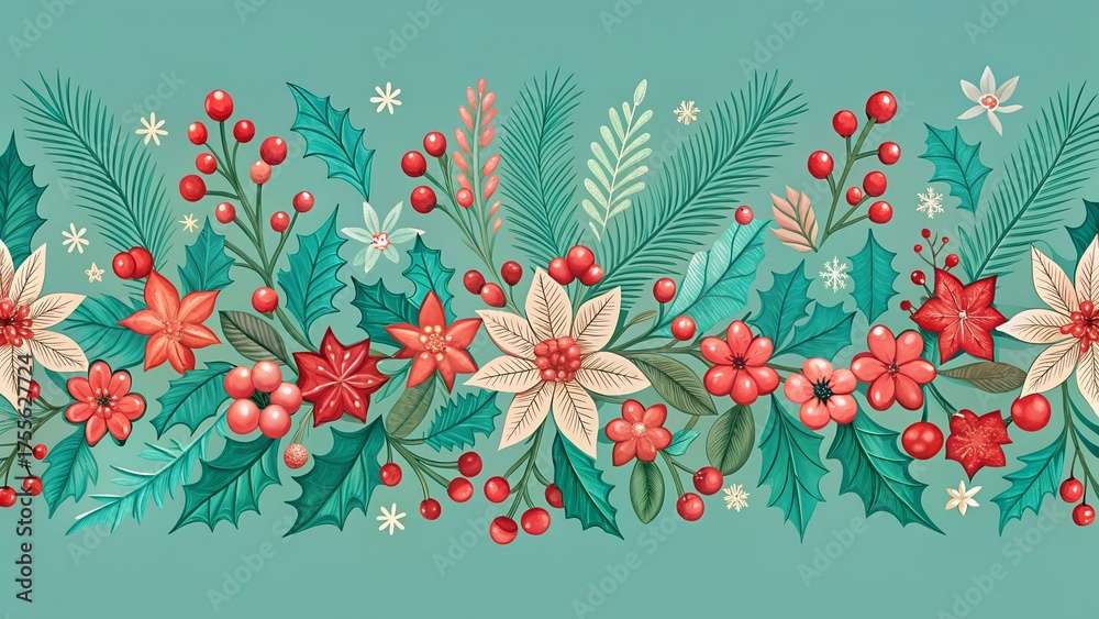 Obraz premium Seamless watercolor border with poinsettias, holly berries, pine needles, and snowflakes
