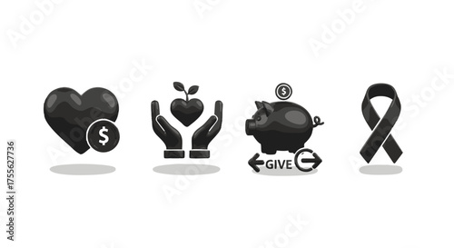 Collection of icons representing charity, donation, giving, financial support, and awareness campaigns