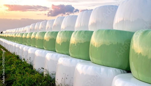 A long, stacked row of wrapped hay bales in a field, showcasing contrasting colors and a serene sunset