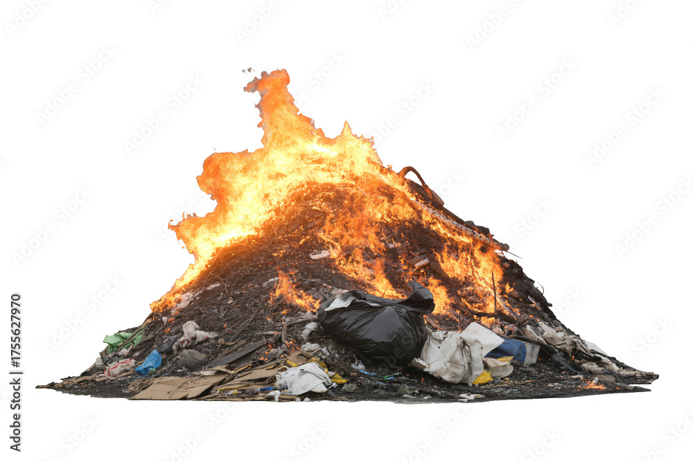 Fototapeta premium Inferno ablaze atop refuse mountain, a powerful symbol of wastefulness, fire danger