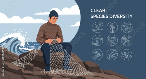Fisherman mending net on rocky shore with species diversity design elements