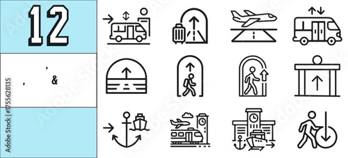 Black and White Transportation Icons Set – Travel, Transit, Wayfinding, Arrival, Departure Symbols for Apps and Infographics