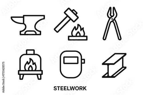 Steelwork tools symbols: anvil, hammer, pliers, forge, welder mask, steel beam