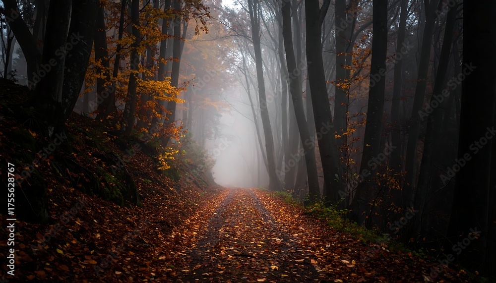 Fototapeta premium A misty path winds through a dense forest with autumn leaves