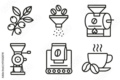 Coffee icons: beans, grinding, roasting, brewing, equipment, cup, and leaves