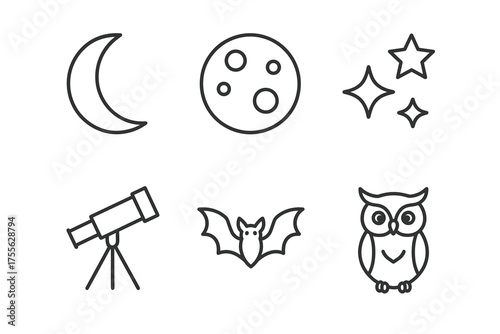 Moon, stars, telescope, bat, owl: nighttime outline icons collection
