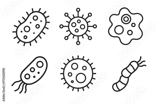 Collection of simple bacteria and virus icons in black and white